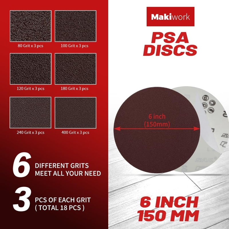 makiwork Sanding Belts & PSA Sanding Discs Set - 10 Pack 4x36 Inch Aluminum Oxide Belts (80/120/150/240/400 Grit) and 18 Pack 6-Inch Self-Adhesive Discs (80/100/120/180/240/400 Grit) for Wood, Metal Polishing - Image 3